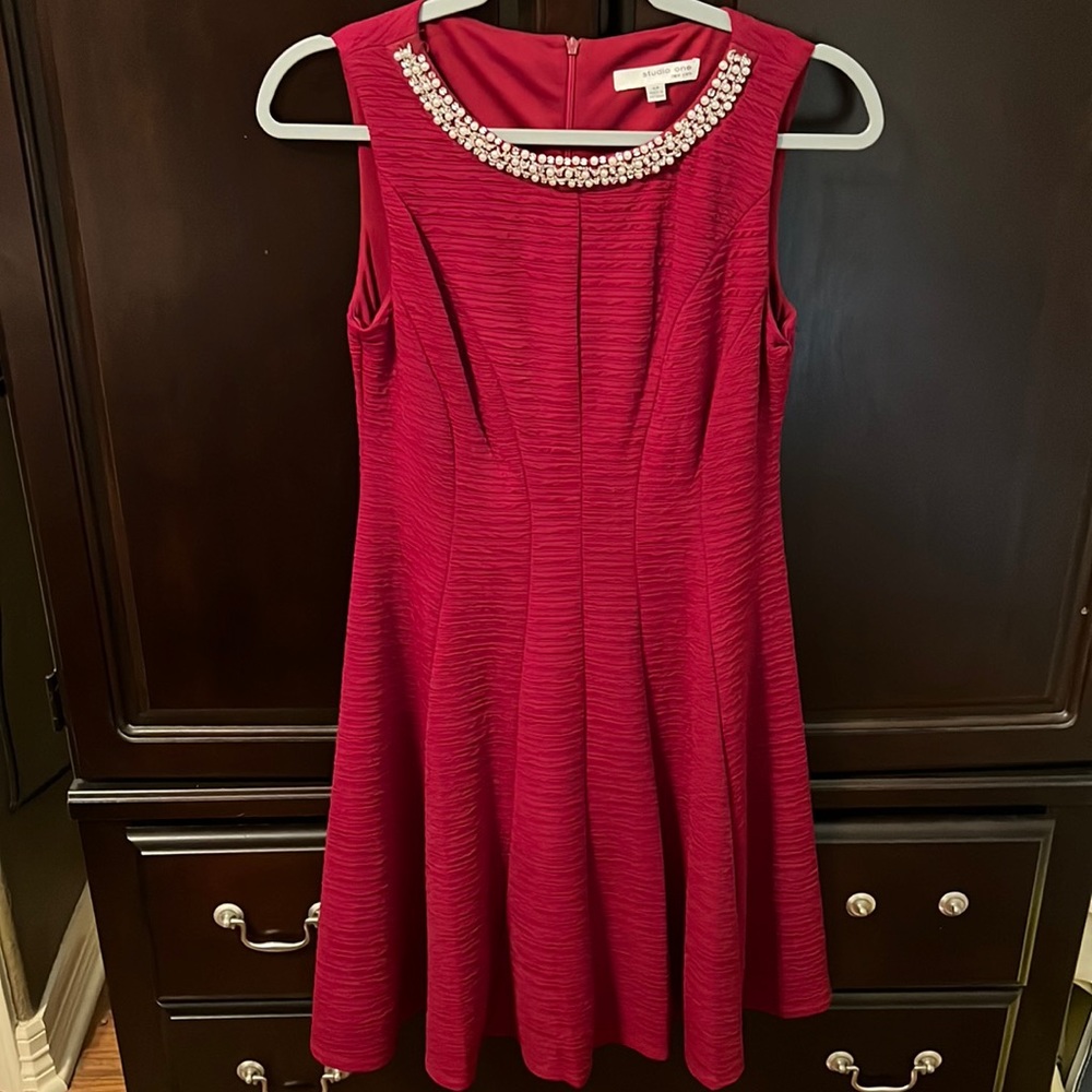 Studio One deep red dress with Pearl collar